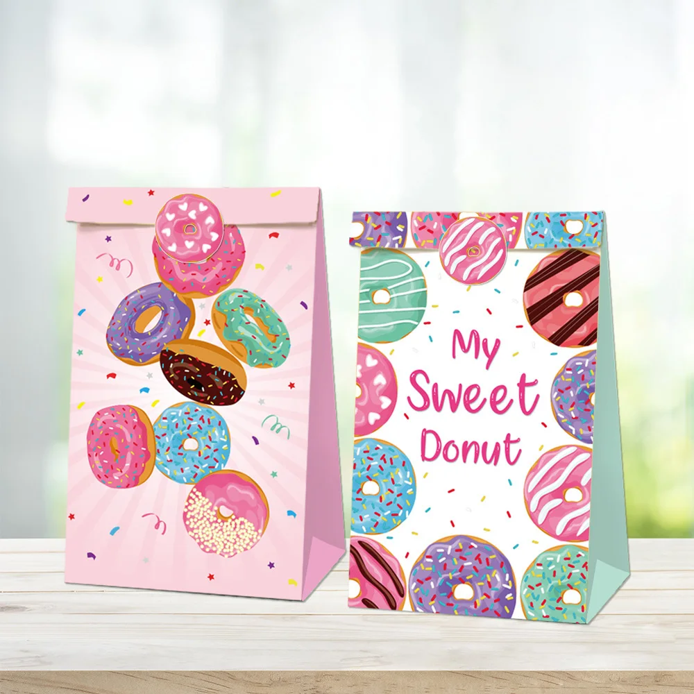 

1set Donut birthday party Paper candy bag 12 pcs and stickers 18 pieces Candy Bag for anniversary party candy gift bag