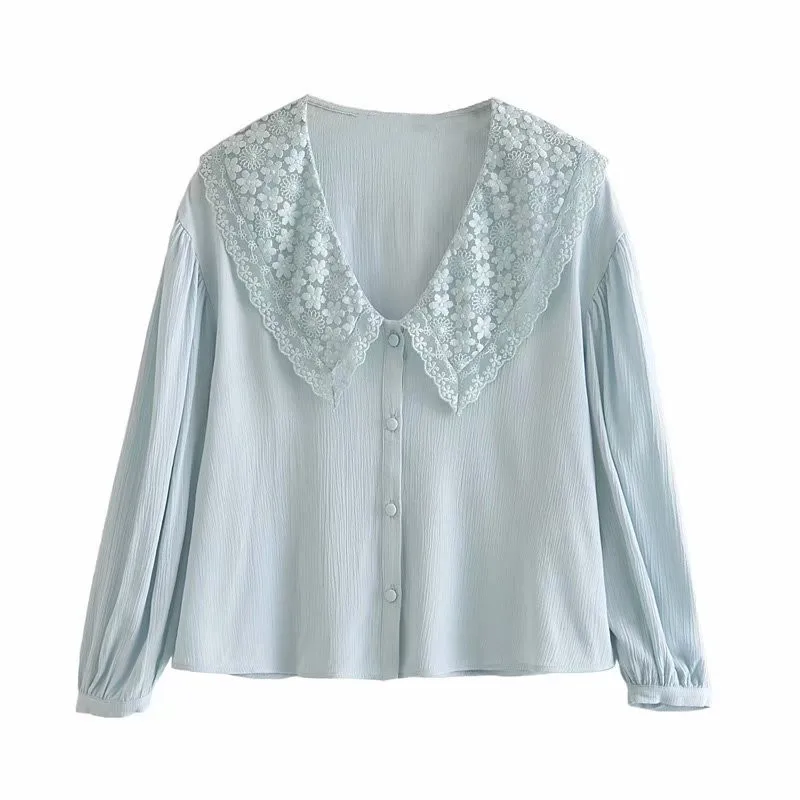 

Женская блузка с вышивкой Za, голубая винтажная Свободная рубашка с длинными рукавами-фонариками, отложным воротником и пуговицами, лето 2021