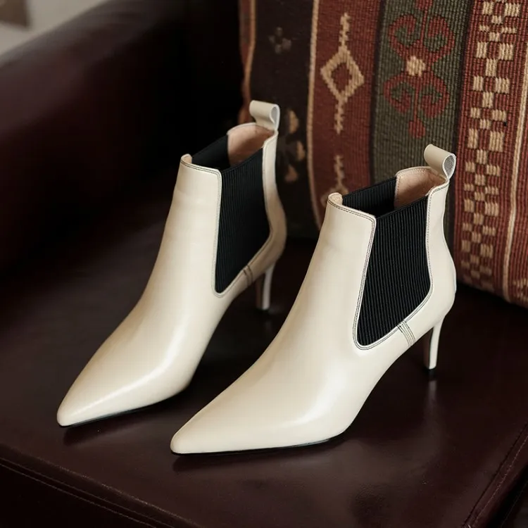 

MLJUESE 2021 women Ankle boots Cow leather Winter short plush Pointed Toe Mixed Colors High heels female boots size 40