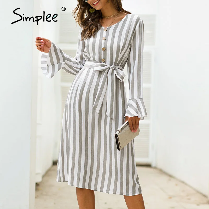 Simplee гофрированное Полосатое женское платье с высокой талией v-образным вырезом и