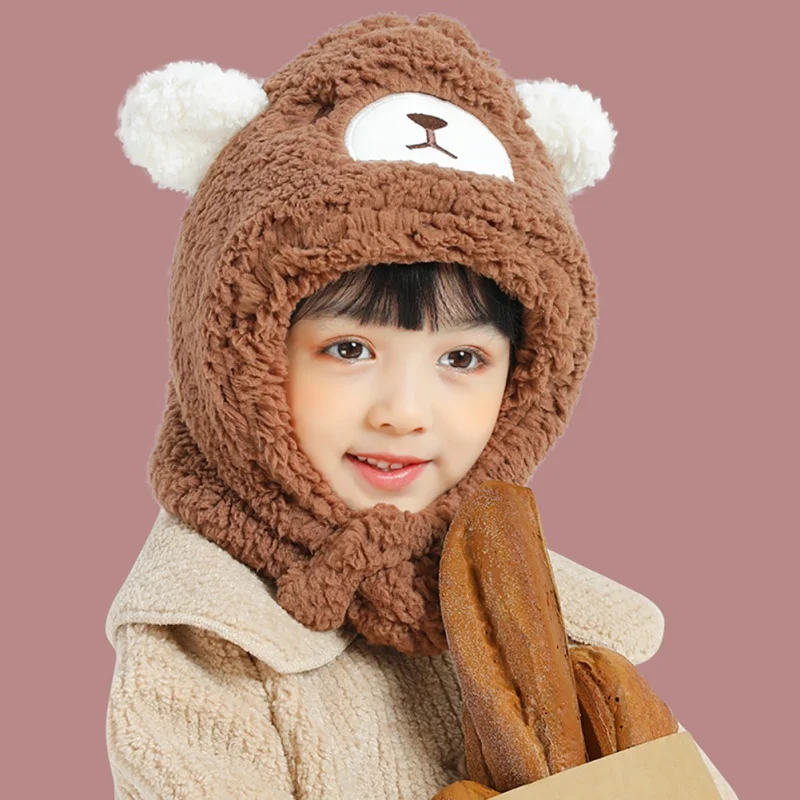 

Winter Children Hat Plus Kids Caps Cartoon Windproof Earmuffs Hat Girls Boys Scarf Thicken Cap Cute Full Cover Earflap Hood Cap