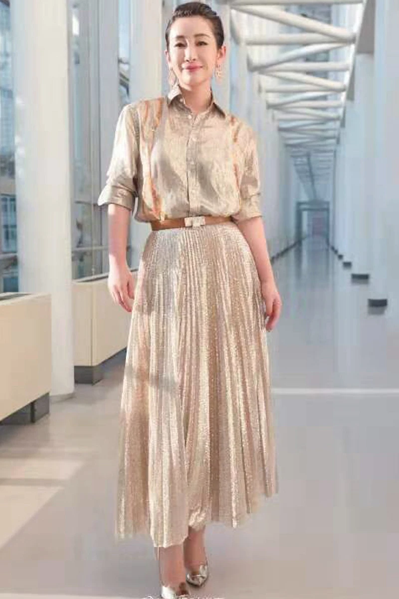 

New Fashion High QualityParty Workplace Sexy Shirts Tops Sequins Loose Half Skirt Vintage Elegant Chic Women'S Sets FS028
