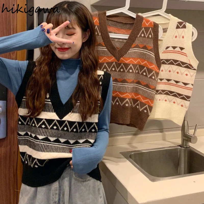 

Hikigawa Sleeveless Sweater for Women Vest with Stripes Vintage Clothes Korean Fashion Tops Female Patchwork Y2k Loose Sweaters