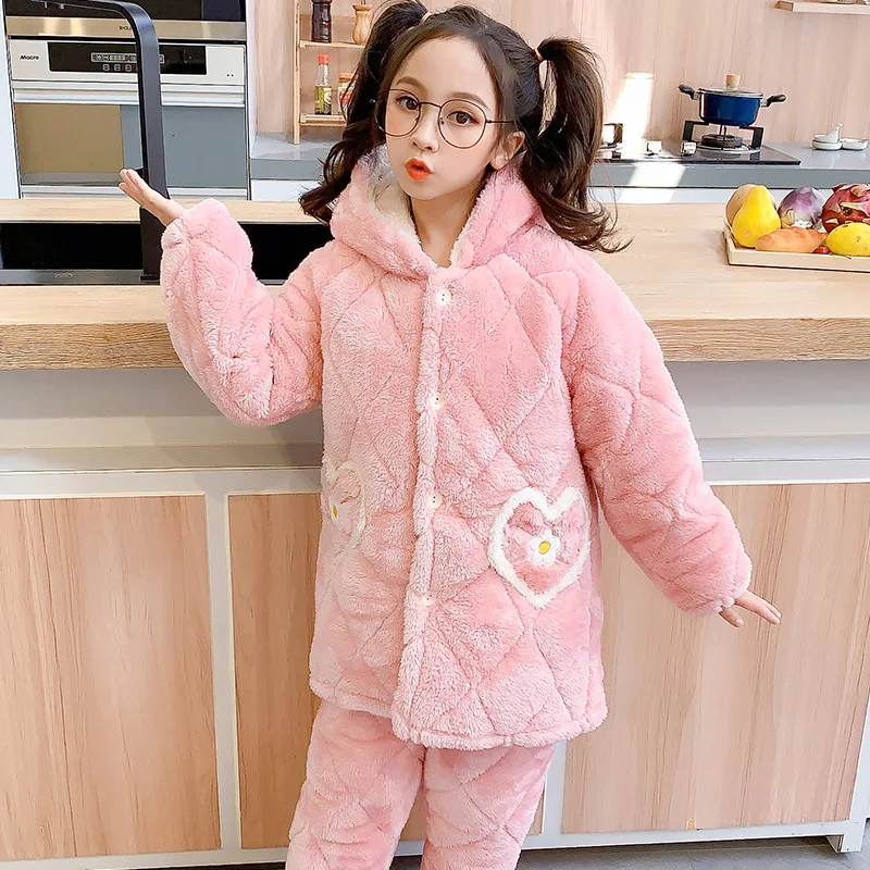 Pijamas Kawaii gruesos de felpa para padres e hijos, ropa de franela de manga larga para mantener el calor, bonitos dibujos animados, para el hogar y la familia, Invierno-1