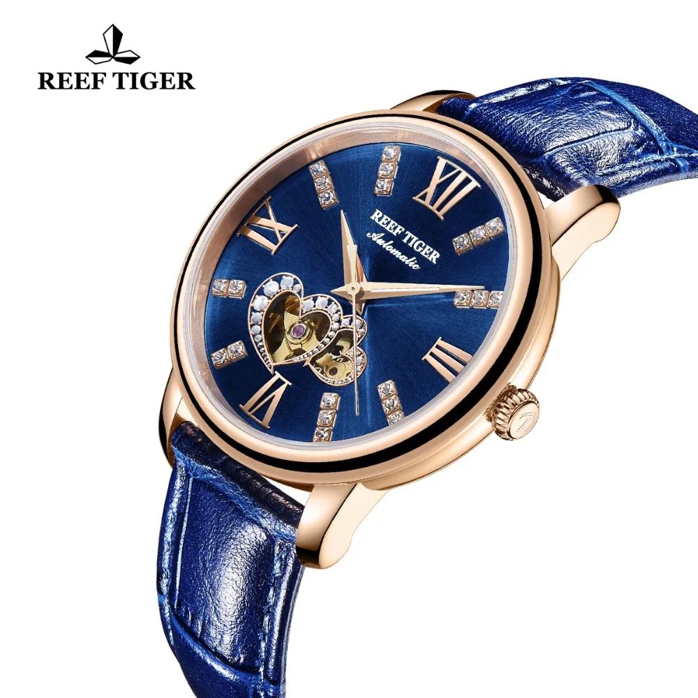 

Reef Tiger/RT Luxury Brand Women Watches Rose Gold Blue Watches Leather Strap Diamond Watches Reloj Mujer RGA1580