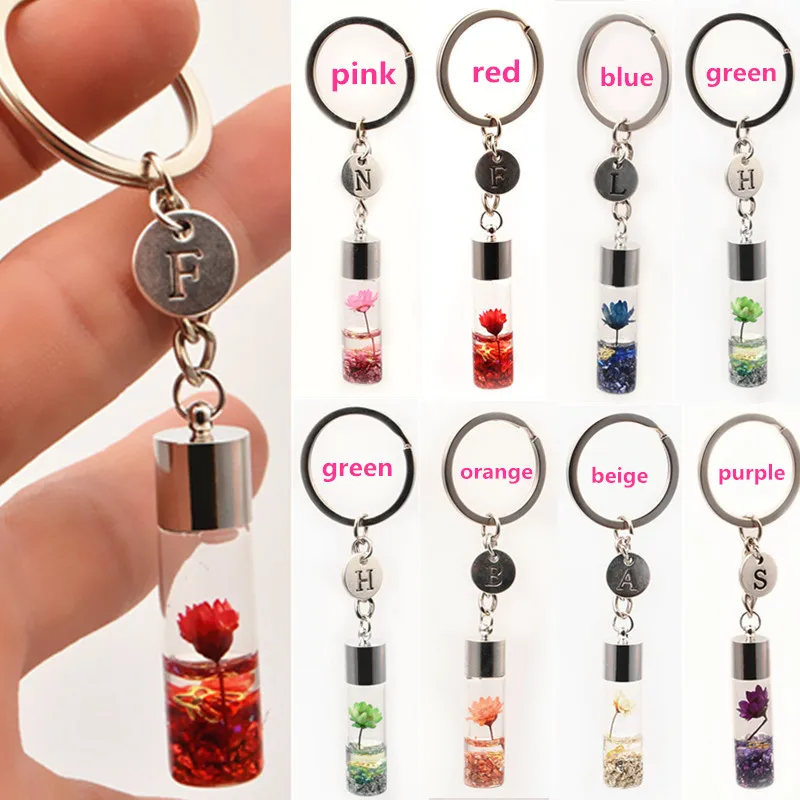 

2021 Summer Dry Flower Bottle Keychain Eternal Flower Sparkling Name Letter Key Chain Women Bag Car Key Ring Best Gift