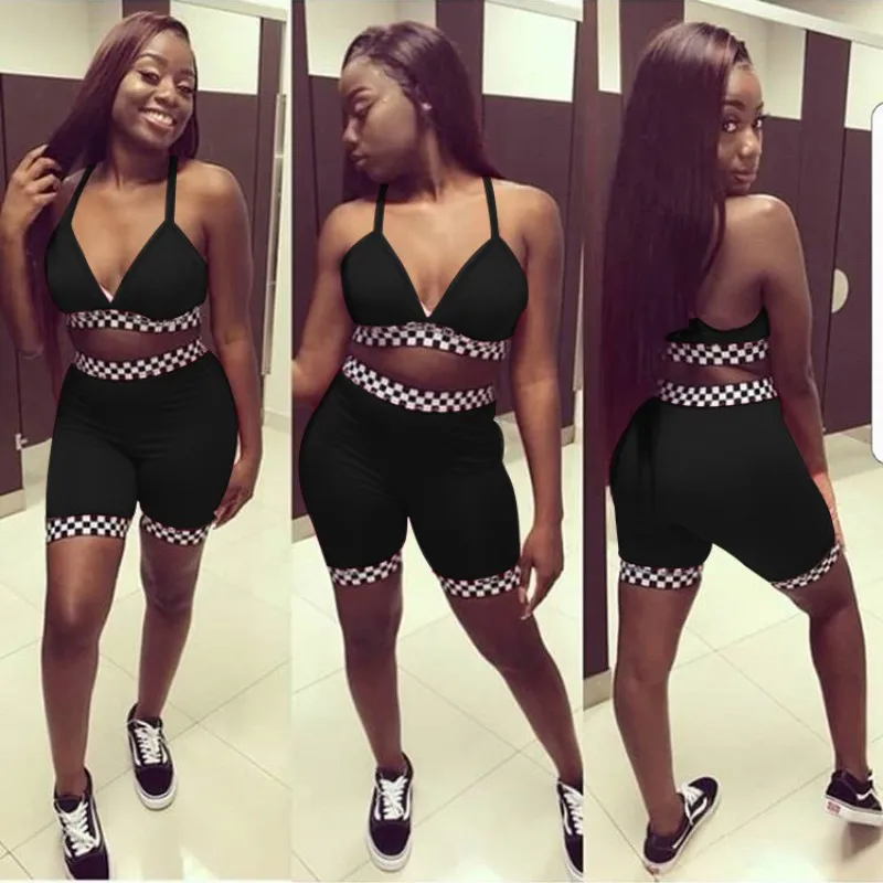 

2020 Summer fashion Bodycon Sexy Two Piece Set Backless Sleeveless Crop Top Shorts Patchwork Sport 2 Piece Set Women Tracksuit