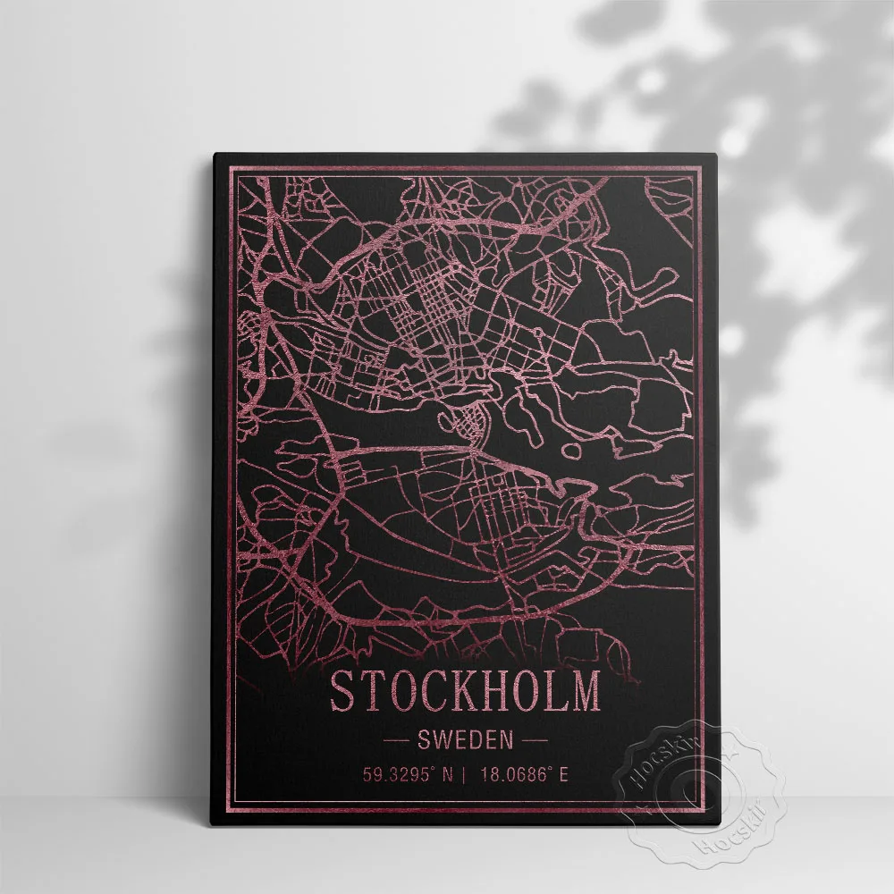 Стокгольм Швеция Карта Декор Плакат Мира Путешествия Настенная Черный Фон