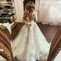 loverkissy sexy deep v neck puffy tulle wedding dresses with long sleeve lace appliques illusion ball gowns princess party dress