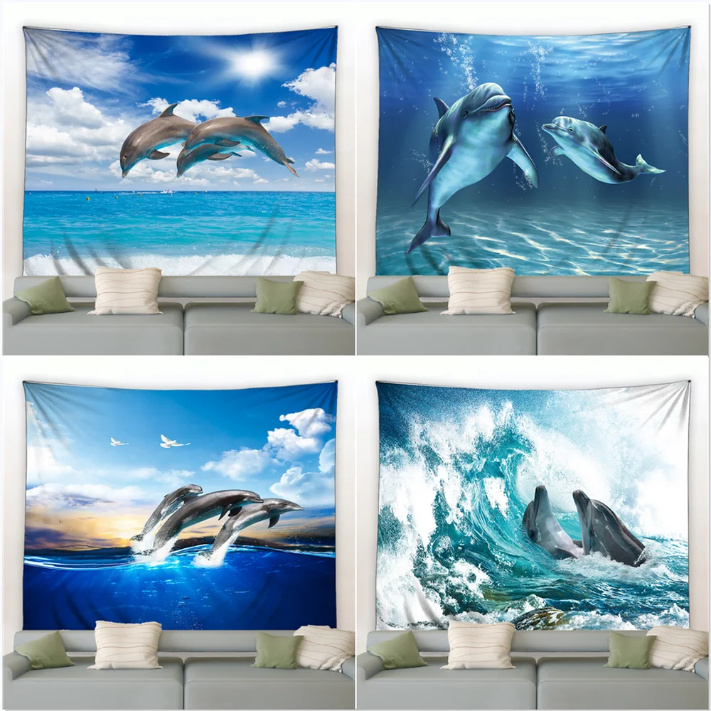 

Undersea World Landscape Tapestry Wall Hanging Ocean Animal Dolphin Large Tapestries For Living Room Bedroom Dorm Decor Blanket