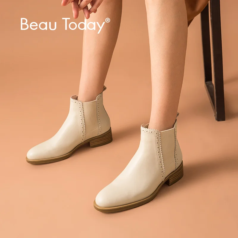 Ботинки Челси BeauToday из коровьей кожи эластичные броги женские ботильоны зимняя