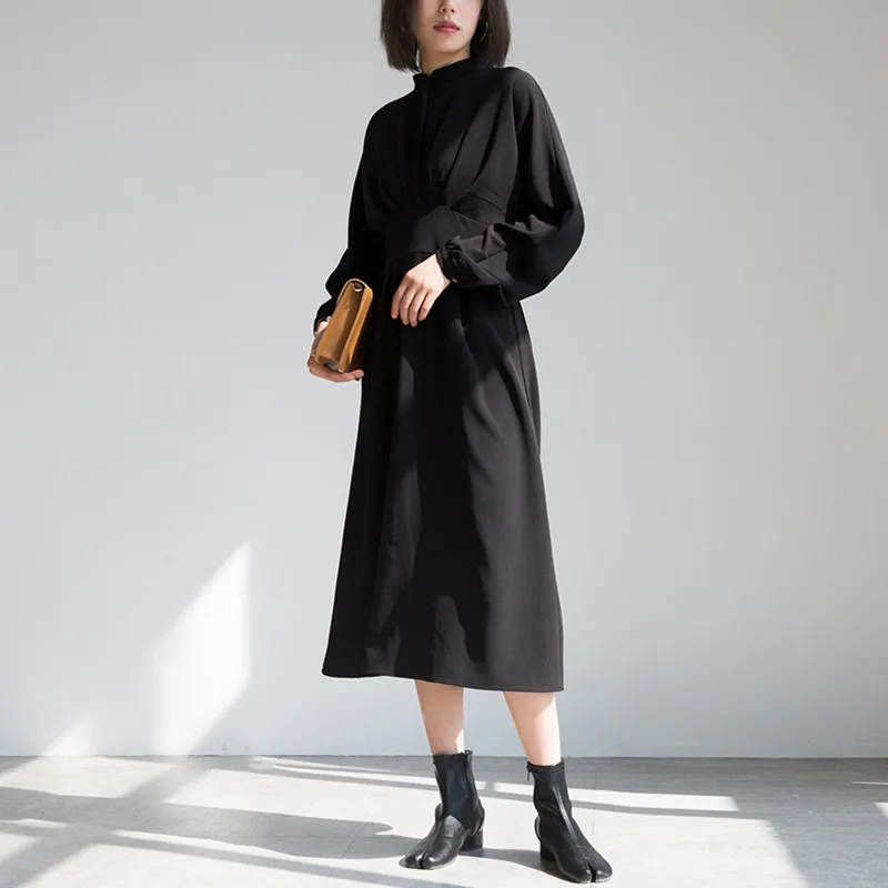 

Женское простое свободное платье Johnature, однотонное черное ТРАПЕЦИЕВИДНОЕ ПЛАТЬЕ на молнии, в японском стиле, Осень-зима 2021