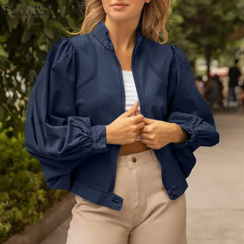 

ZANZEA Fashion Oversize Outwear 2021 Autumn Solid Long Sleeve Jackets Female Casual Zipper Cardigan Women Denim Blue Short Coats