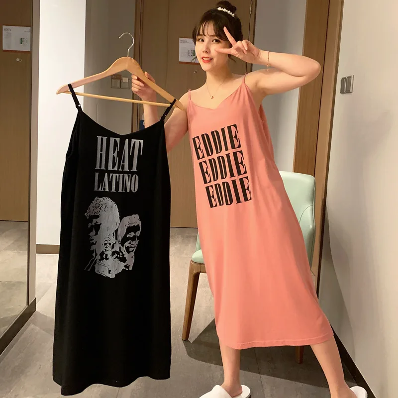 2021 New Sleeveless Nightdress Women's Vest Nightdress Cotton Loose Cute Cartoon Sweet Cute Long Home Clothes Sexy Sleepwear