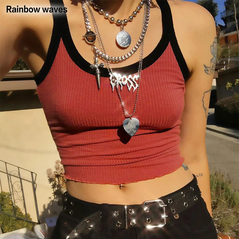 

Rainbowwaves Knitted Red Vest For Women Clashing Colors Skinny Sexy Sling Elastic Crop Tops Female Basic Clothing