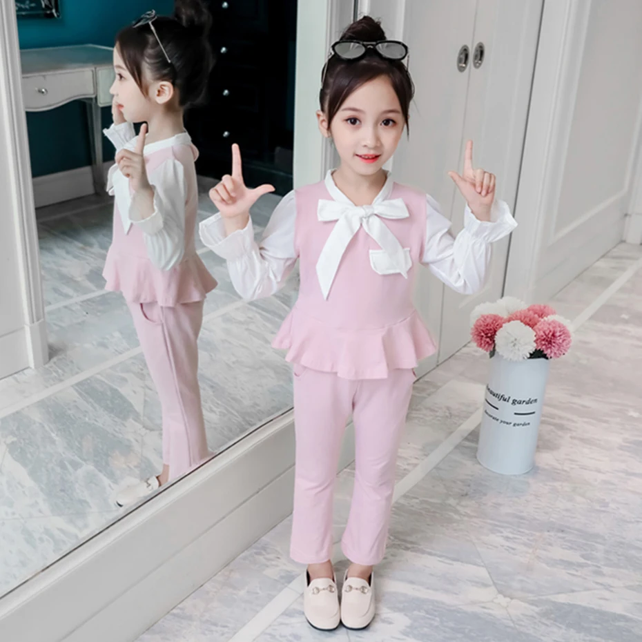 Детская одежда рубашка с оборками и штаны Одежда для девочек модная школьная из 3