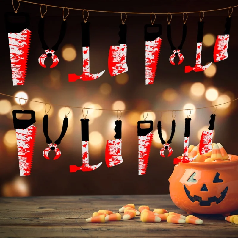

Horror Spooky Halloween Party Haunted House Hanging Garland Pendant Banner Decoration Blood Bodys and Knifes Atmosphere Props