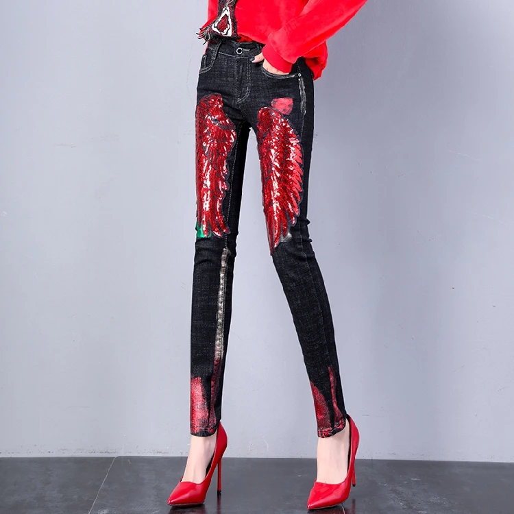 Европейские джинсовые брюки с крылышками женские осенне-зимние красными