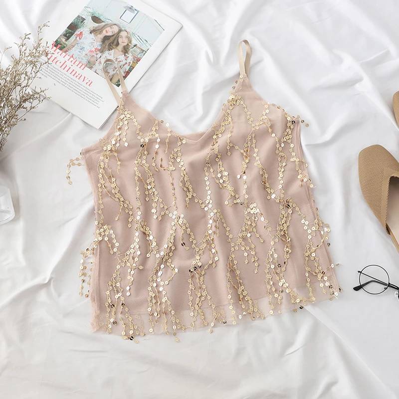 Женский укороченный топ с кисточками и блестками на лето | Женская одежда