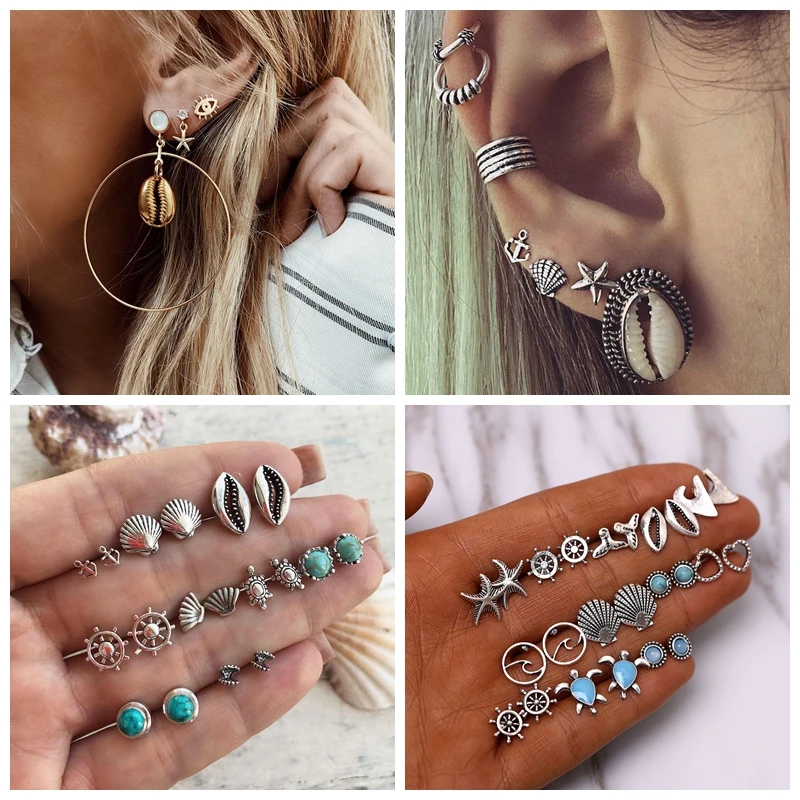 

KINFOLK Shell Dangle Earrings For Women Bohemian Ear clip Geometric Earring Vintage Boho Earings Set Womens Jewelry 2020