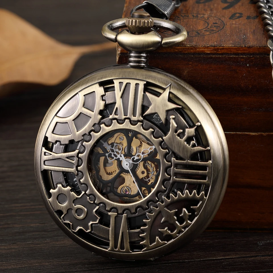 Механические карманные часы в стиле стимпанк ретро бронзовые с римскими