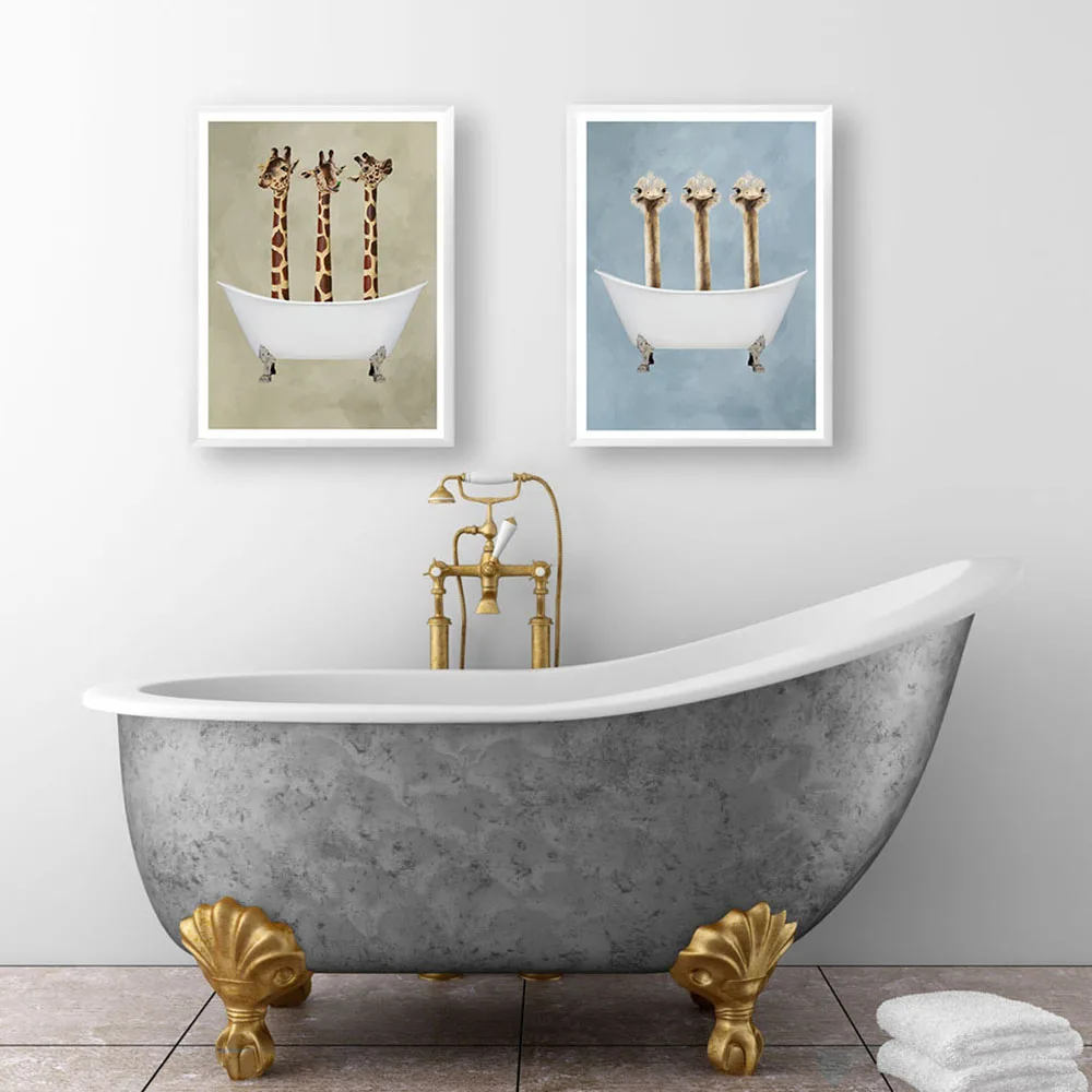 Плакат с изображением животных в ванне рисунок жирафа и страуса холст для ванной