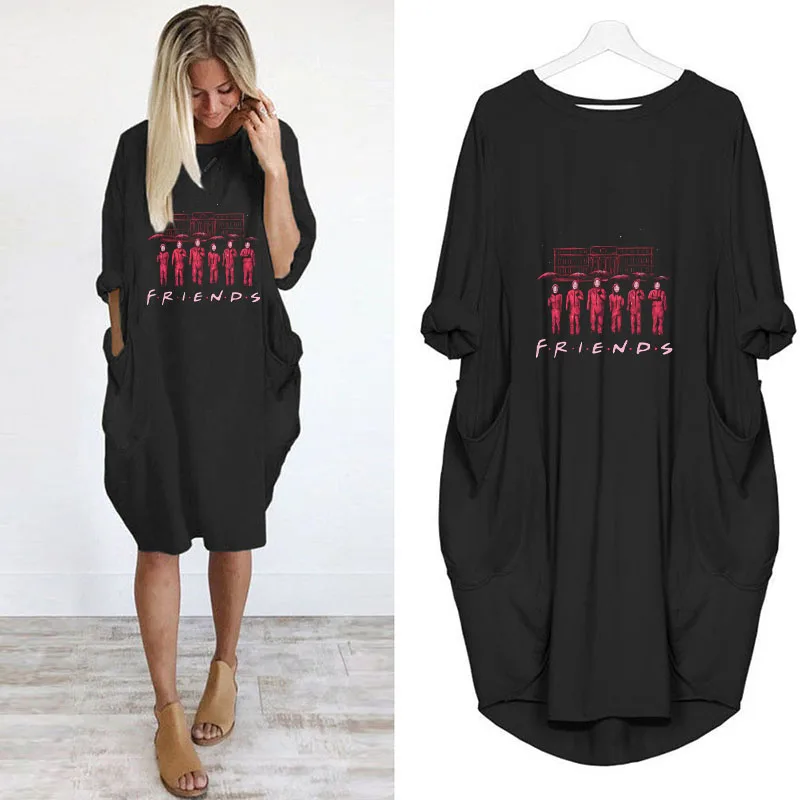 

2022 Women's Summer Casual T-Shirt Dresses Beach dress long sleeve Pockets Loose T-shirt Dress Friends graphic vintage clothes
