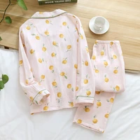 new spring and summer pajamas ladies cotton crepe cloth long sleeved trousers pajamas set spring and autumn womens home service