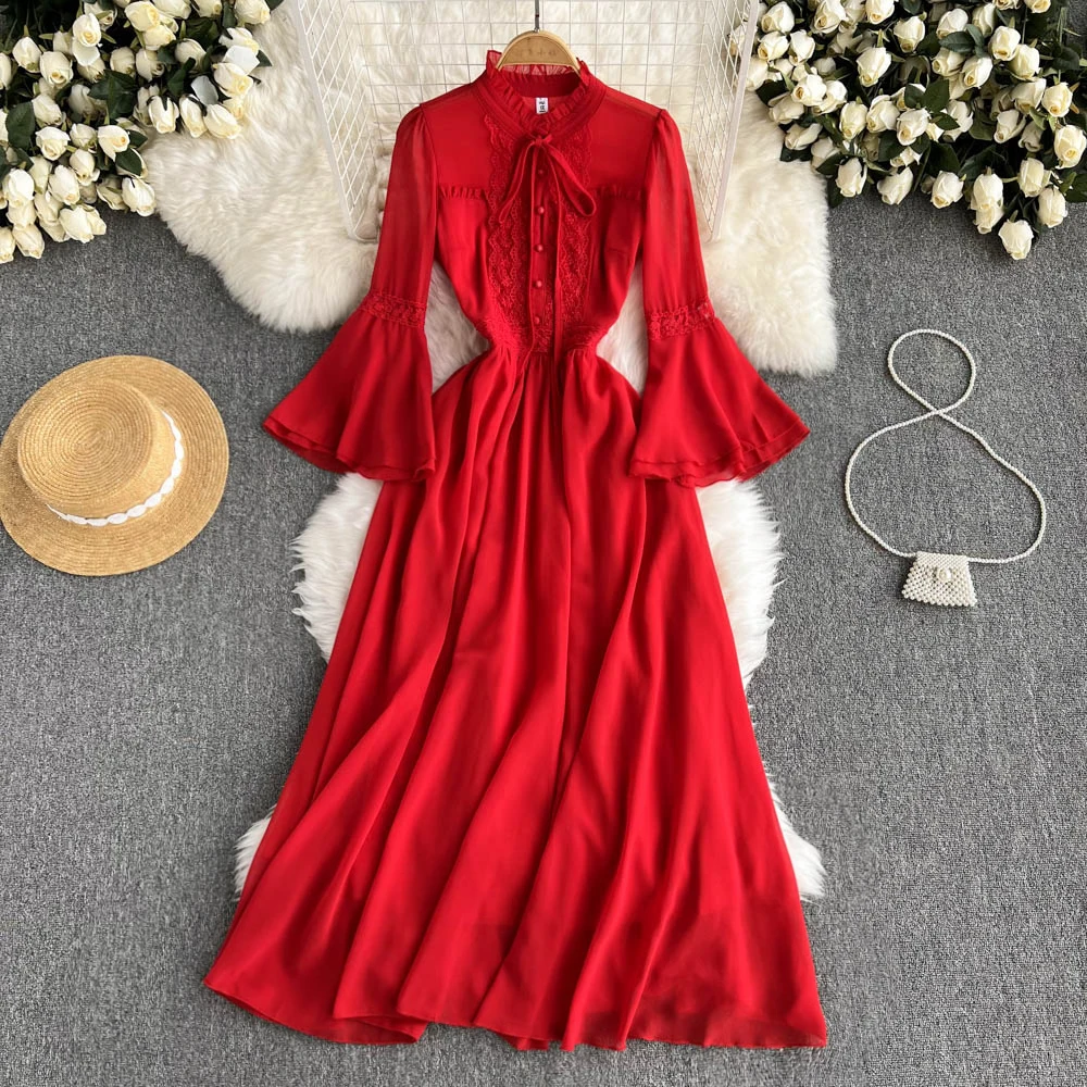 

Новинка весна-осень 2022, винтажное красное шифоновое платье VANOVICH с поясом, приталенное вечернее платье с расклешенными рукавами