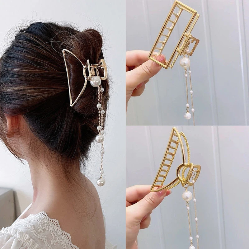 

2021 New Pearl Streamer Bow Tie Temperament Shark Catch Clip Hairpin Back Head Metal Hair Accessories Cosmetic Accessories