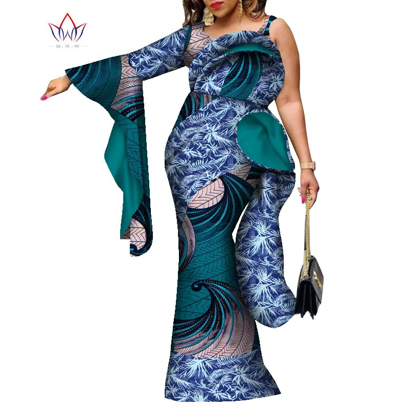 Bintarealwax Single Sleeve African Maxi Dress Bazin Riche Sexy Print Wax Long Dresses Plus Size 7XL Africa Clothing WY9105