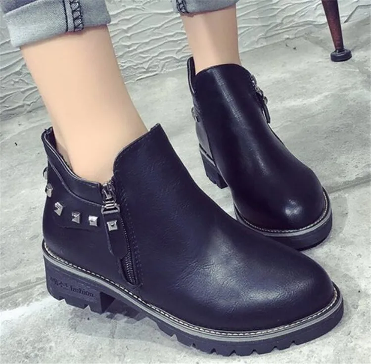 Women boots winter ladies Round head waterproof Fur warm Thick heel Martin boot Ankle fashion rivet woman casual shoes Z405 | Обувь