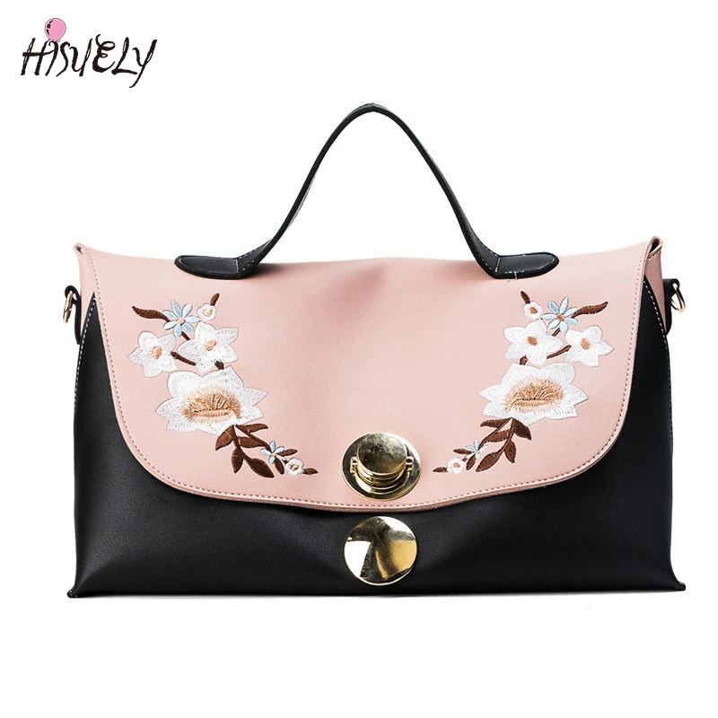 

Elegant Fashion Floral Embroidery Design Shoulder Bag Women PU Leather Handbag Female Panelled Boston Lady Crossbody Bag Bolsa