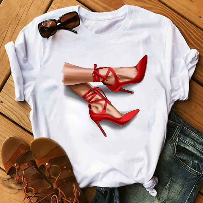 Новая модная женская футболка красные туфли на высоком каблуке и с принтом
