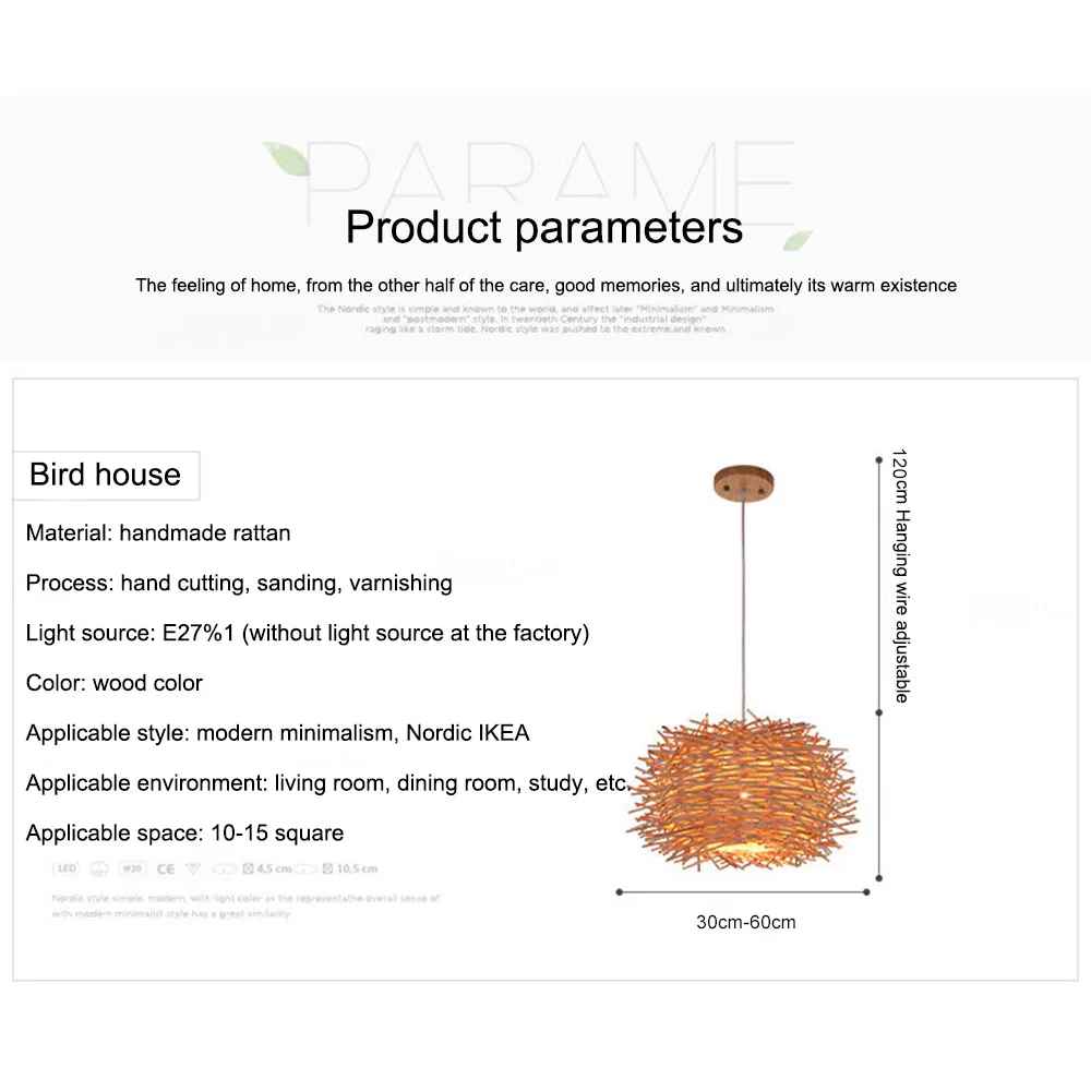 

Wood Pendant Hand-woven Cany Art Lamp Lamps E27 Nest Cage Pendant Lights Decorative for Living Dinning Room Cafe Tea House Light