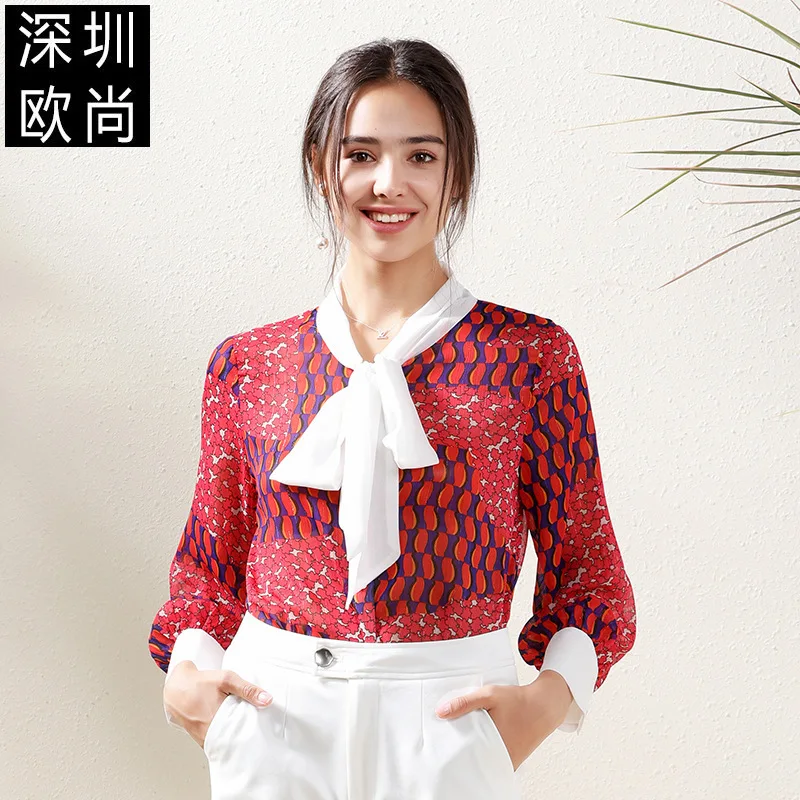 

women tops and blouses red chifffon floral high quality 2020 summer office shirts long sleeve casual sexy plus size free ship