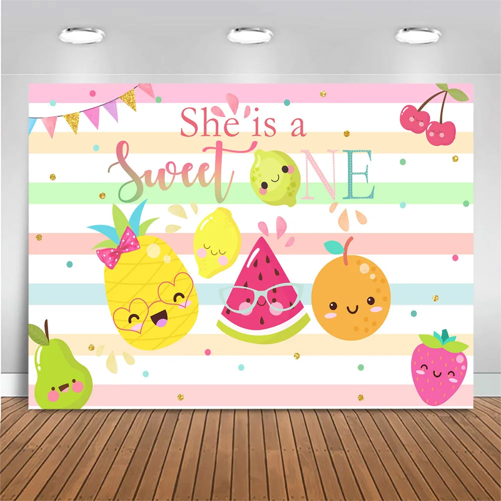 

Mocsicka Sweet Baby 1st Birthday Backdrop for Photography Summer Fruit Birthday Party Background Decoration Photo Shoot Stripes