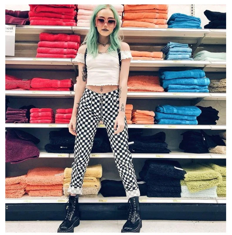 

BSTCOCHI Streetwear Women Straight Plaid Pants Ladies Fashion Slim Checkerboard Pants Female Straight Leg Plaid Trousers