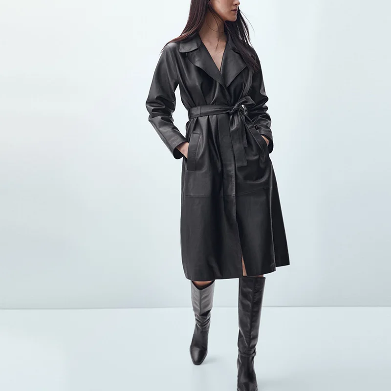 

Fashion Pu Leather Trench Coat Turn Down Collar Faux Leather Long Jacket Autumn Streetwear Windbreaker Coat