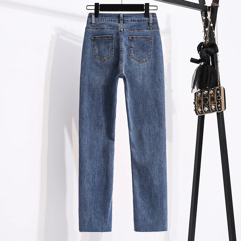 Women's High Waist Jeans Fashion Plus Size Spring and Autumn Blue Slim Irregular Cropped Trousers Elastic Straight Long Pants