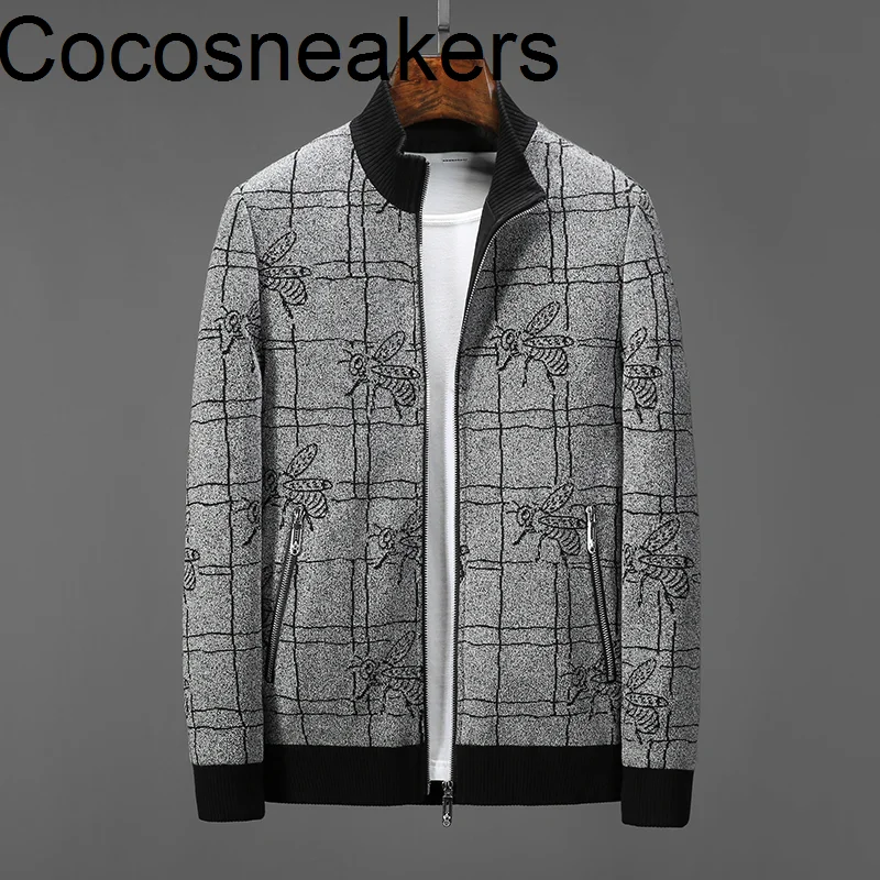

gentleman high-grade embroidered jacquard warm stand collar coat men's Elegant check elastic knitted jacket men's