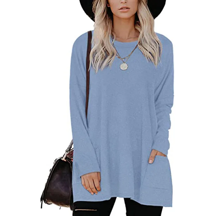 

Повседневная Свободная футболка с длинным рукавом, сезон весна-осень, однотонная женская футболка средней длины с карманами
