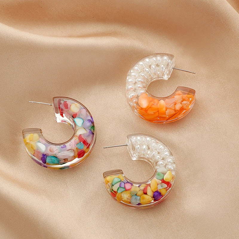 

Fashion Jewelry Personality Creative C-shaped Resin Pearl Earrings Transparent Colorful Stone Earrings Earrings Stud Earrings