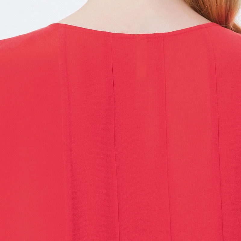 

VOA Silk Dream Red Round Neck Short Sleeve Women Party Dresses AE927 Fold Double-layer Bump Splicing Big Swing Summer Prom Dress