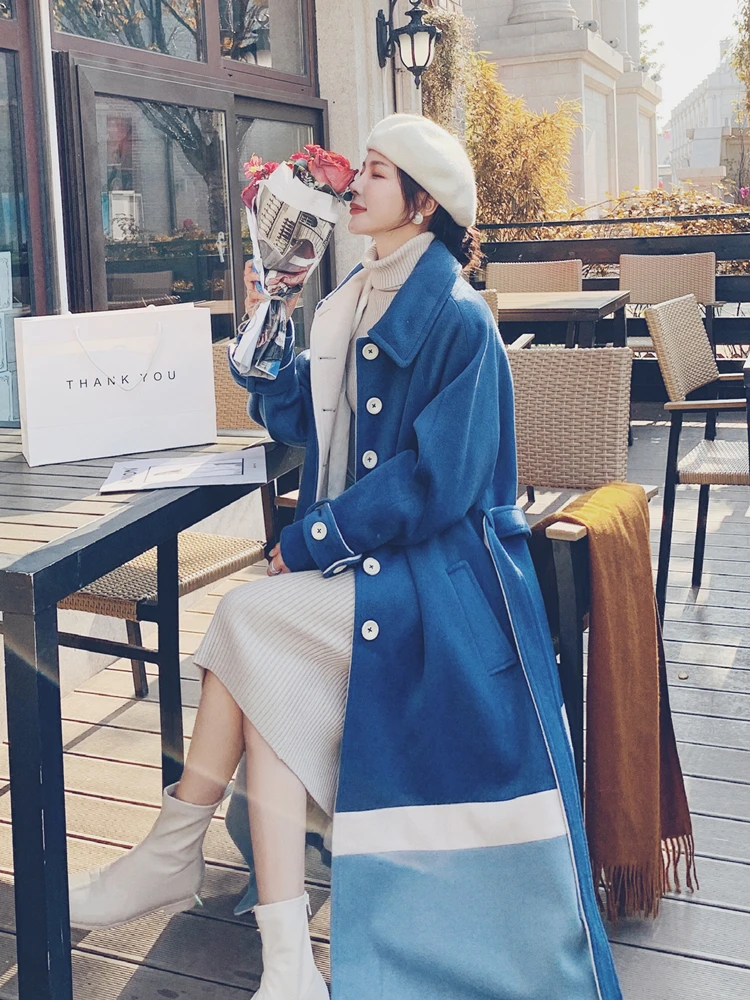 

2020 New Women's Woolen Coat Is Thin And Goddess Temperament Winter Ins Long Woolen Coat Blue Thick Warm Parka Coat