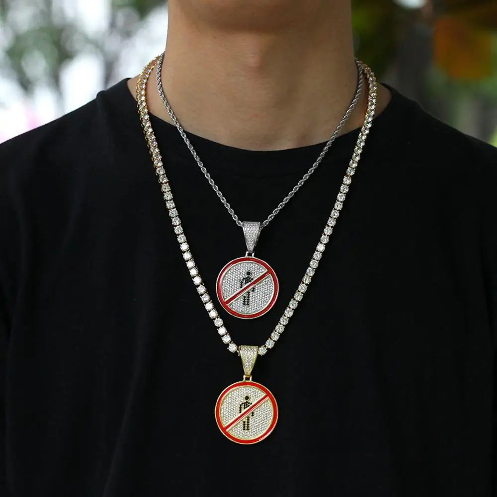 

Hip hop micro inlaid zircon personality alternative prohibition necklace stop sign pendant Cuban chain men and women necklace