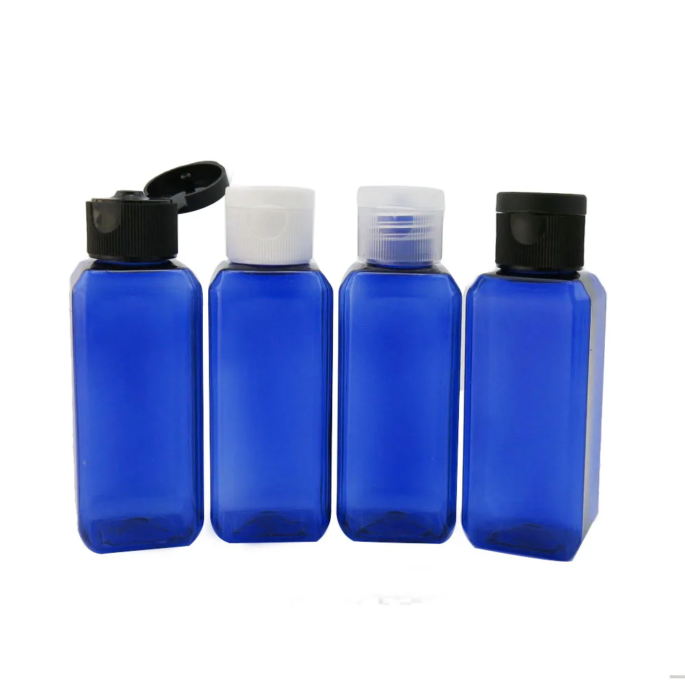 100pcs 50ml  Blue Square Plastic Lotion Shampoo Bottle with Flip Top Cap 50CC Empty Rectangle Hotel Bottle