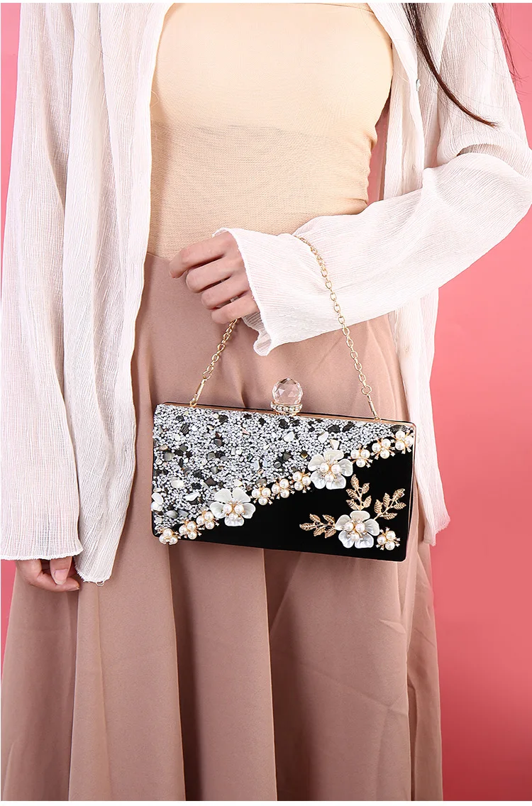 

Retro Flocking Diamond Dinner Bag Fashion Three-dimensional Flower Banquet Bag Banquet Cheongsam Wedding Dress Bag Party Purse