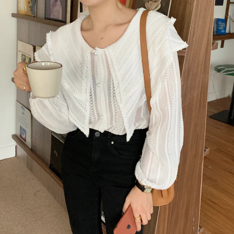 

Harajuku Autumn Fashion Korean Hollow Long Sleeve Casual Loose Retro Shirts Lapel New Women Sweet Elegant Blouses Tops
