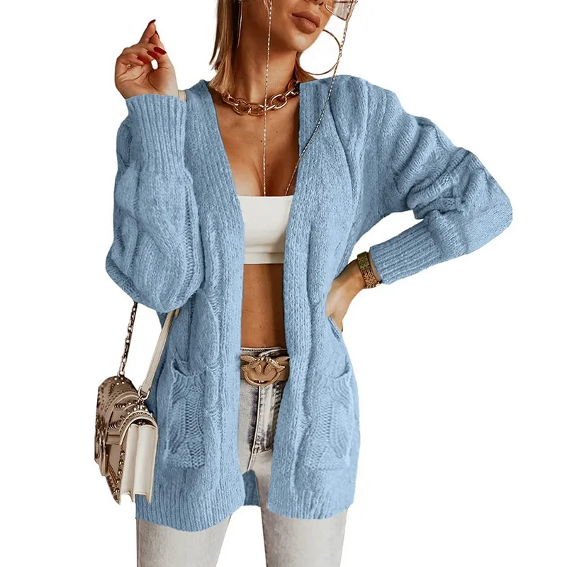 

Women Solid Women Cardigans Long Sleeve Loose Mid Length Knittd Casual Sweater Pockets Cardigan Female Thin Knitted Coat Outwear